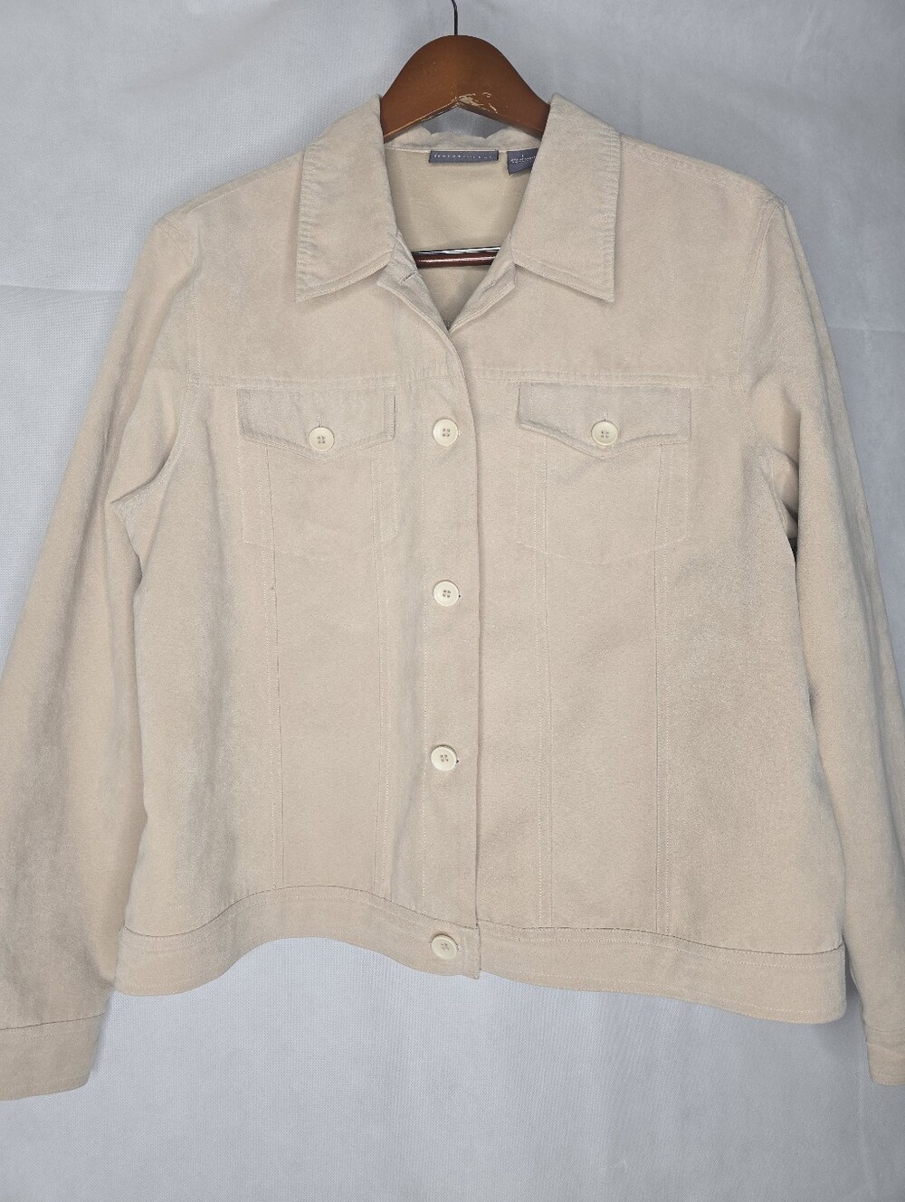 Relativity Faux Suede Jacket Neutral Beige Button Front Trucker Style Utility L